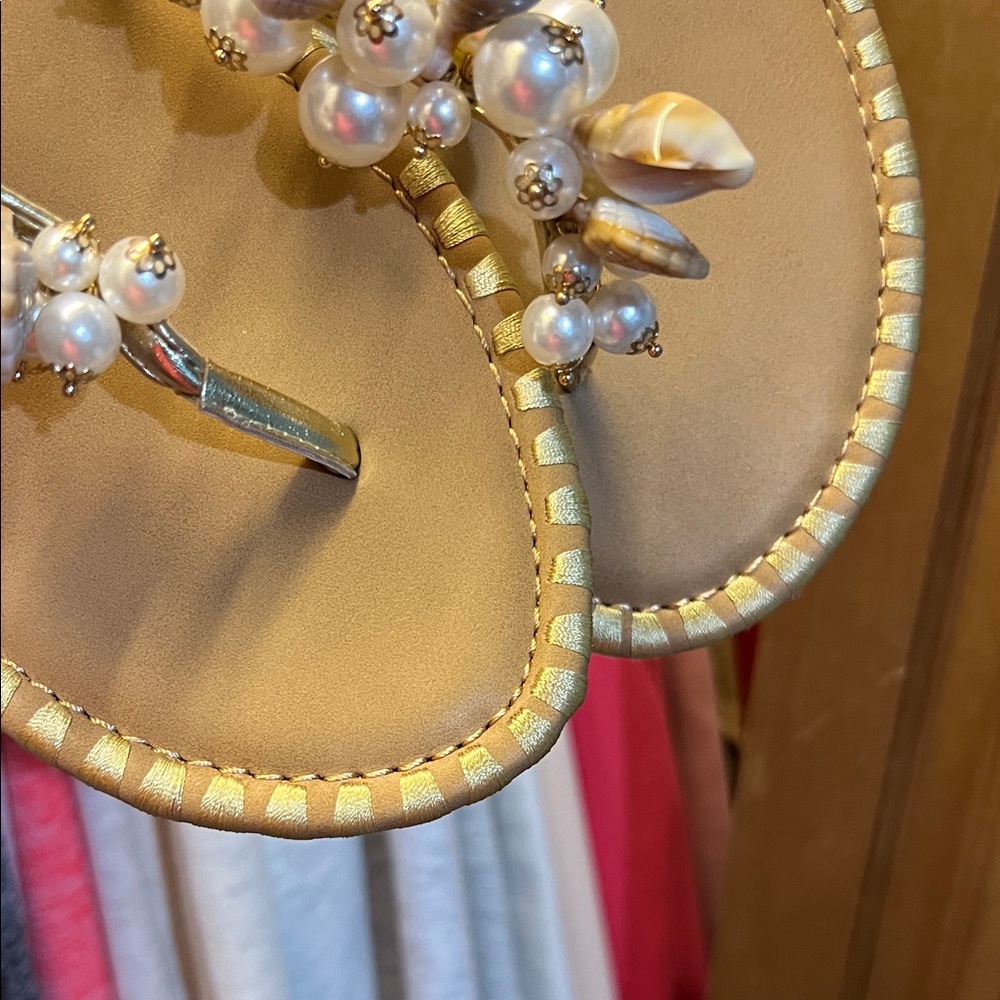 Jessica Simpson Gold T-Strap Sandals with Pearl & Shell Accents - Picture 3 of 5